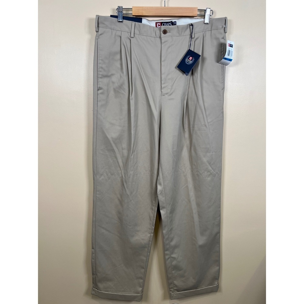 Chaps Classic Fit Chino Pants Mens 36x34 Khaki Double Pleated Wrinkle Resistant